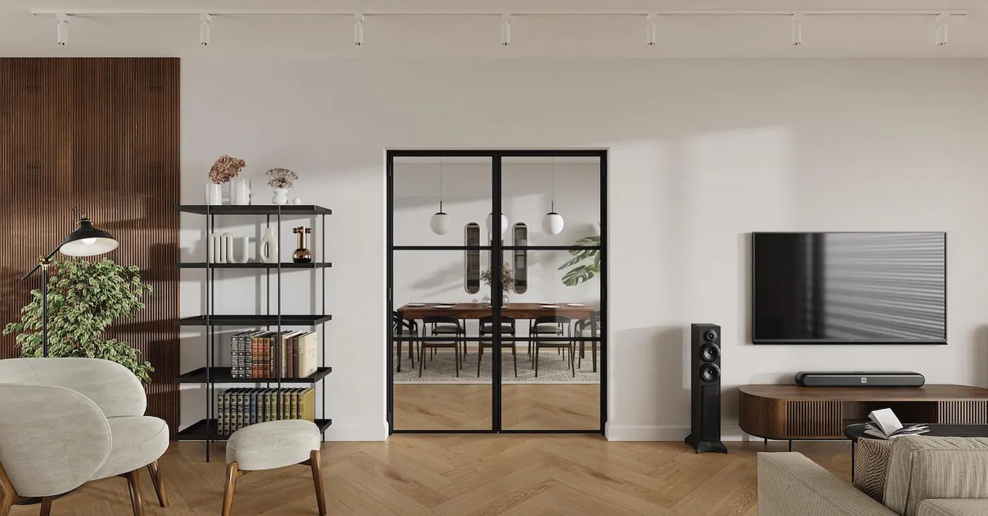 Divvērtņu loft durvis uz dzīvojamo istabu