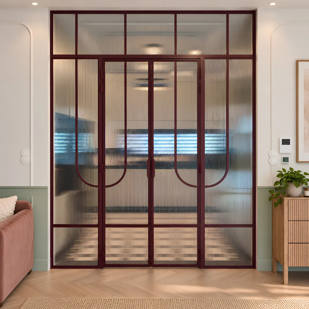 Burgundy double loft doors with fluted glass, sidelights and a toplight