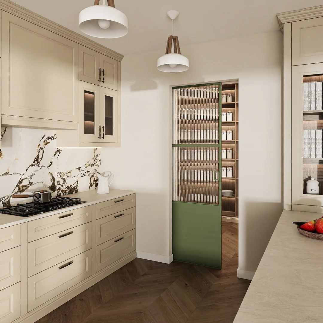 Green loft door with fluted glass between the kitchen and a pantry