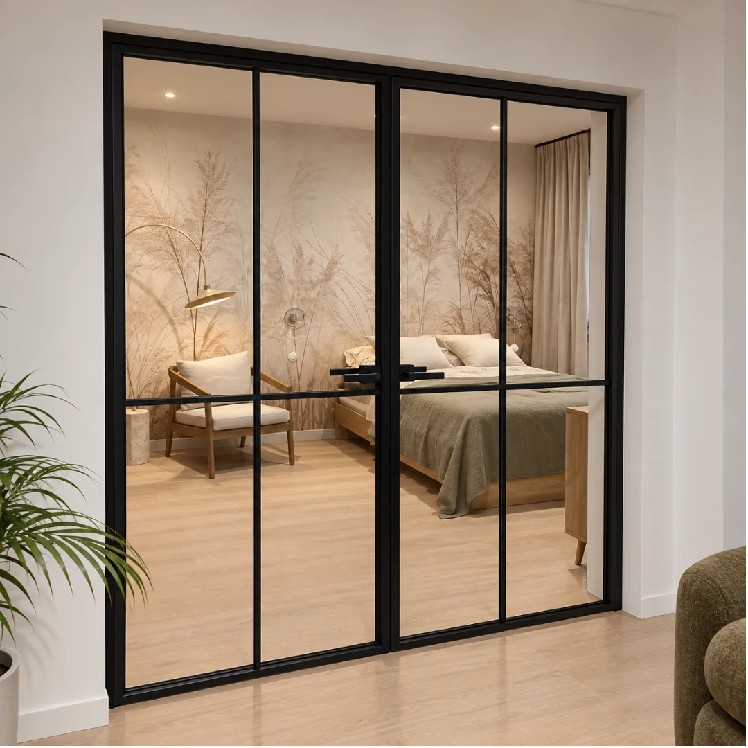 Black double loft doors with glazing bars leading into a bedroom