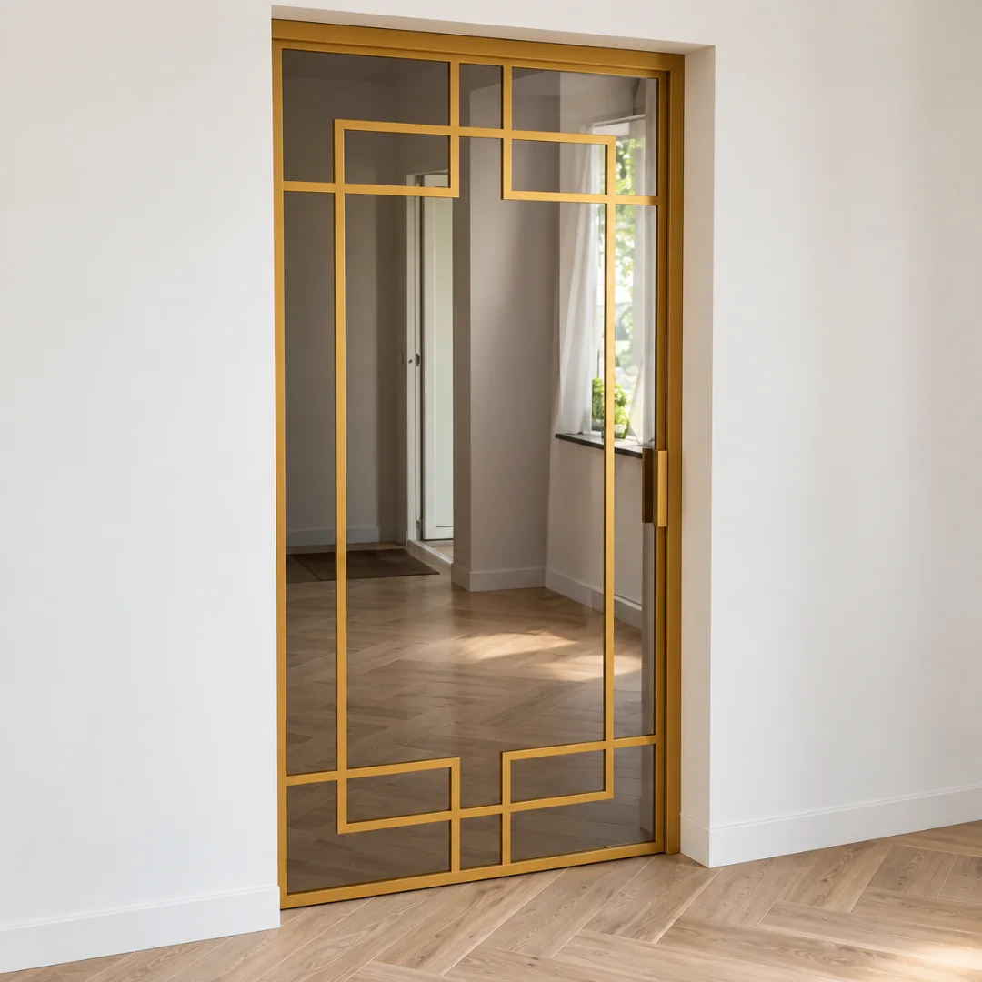 Gold loft door with a geometric pattern of decorative bars