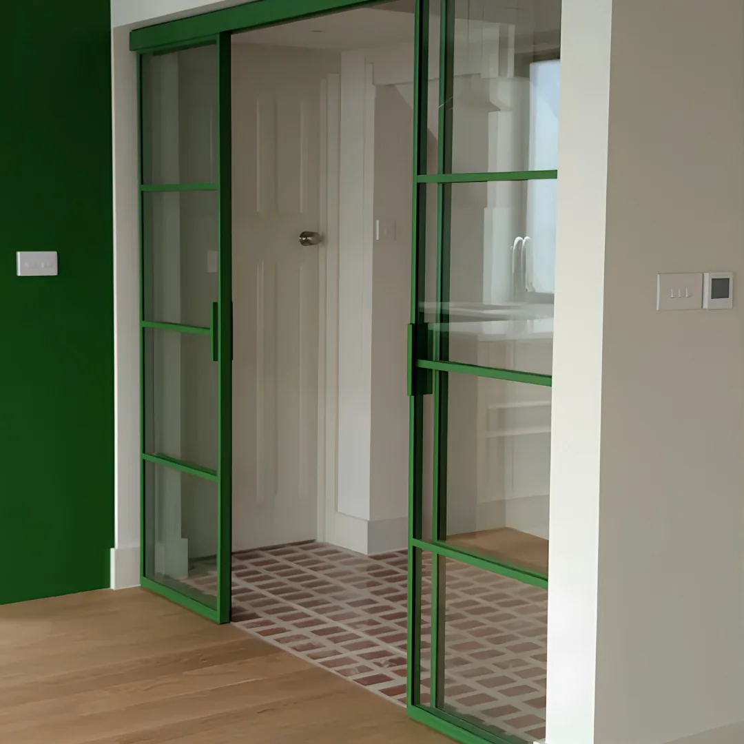 Green loft doors with glazing bars leading to a tiled hallway