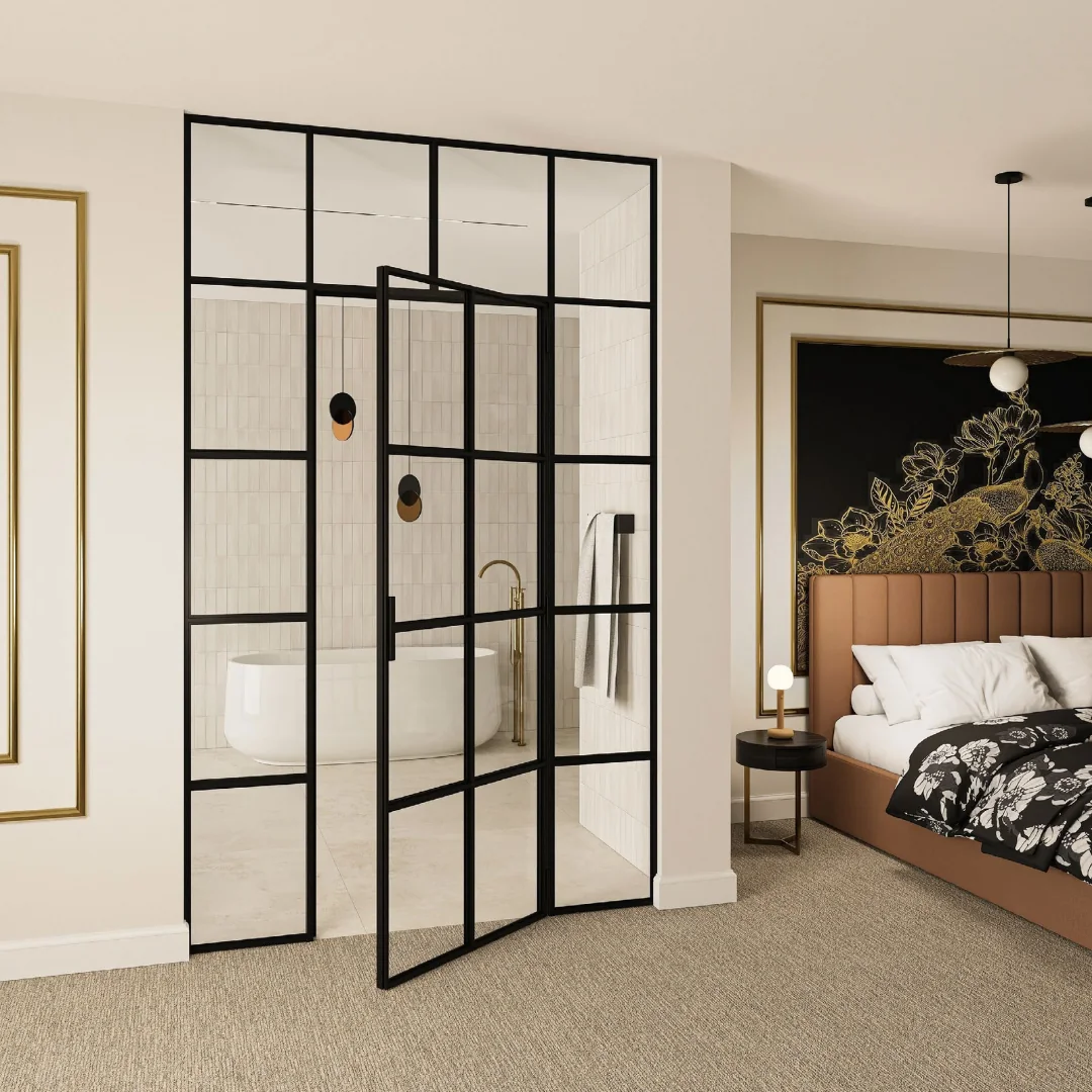 Black loft screen with a door to an en-suite bathroom in a bedroom